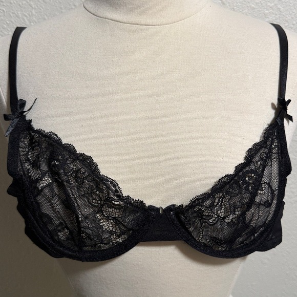 Rene Rofe Black Sheer Floral Lace Underwire Demi Bra with Bow Accents S/M - Picture 3 of 7